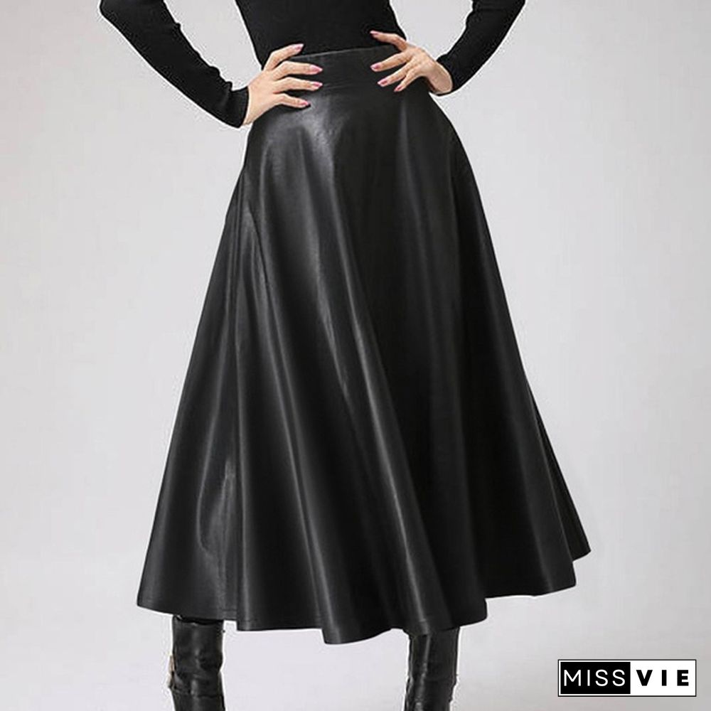 Women Pu Leather Maxi Skirt Autumn Winter Long Dress High Waist Party Casual Umbrella Skirt Plus Size Clothes