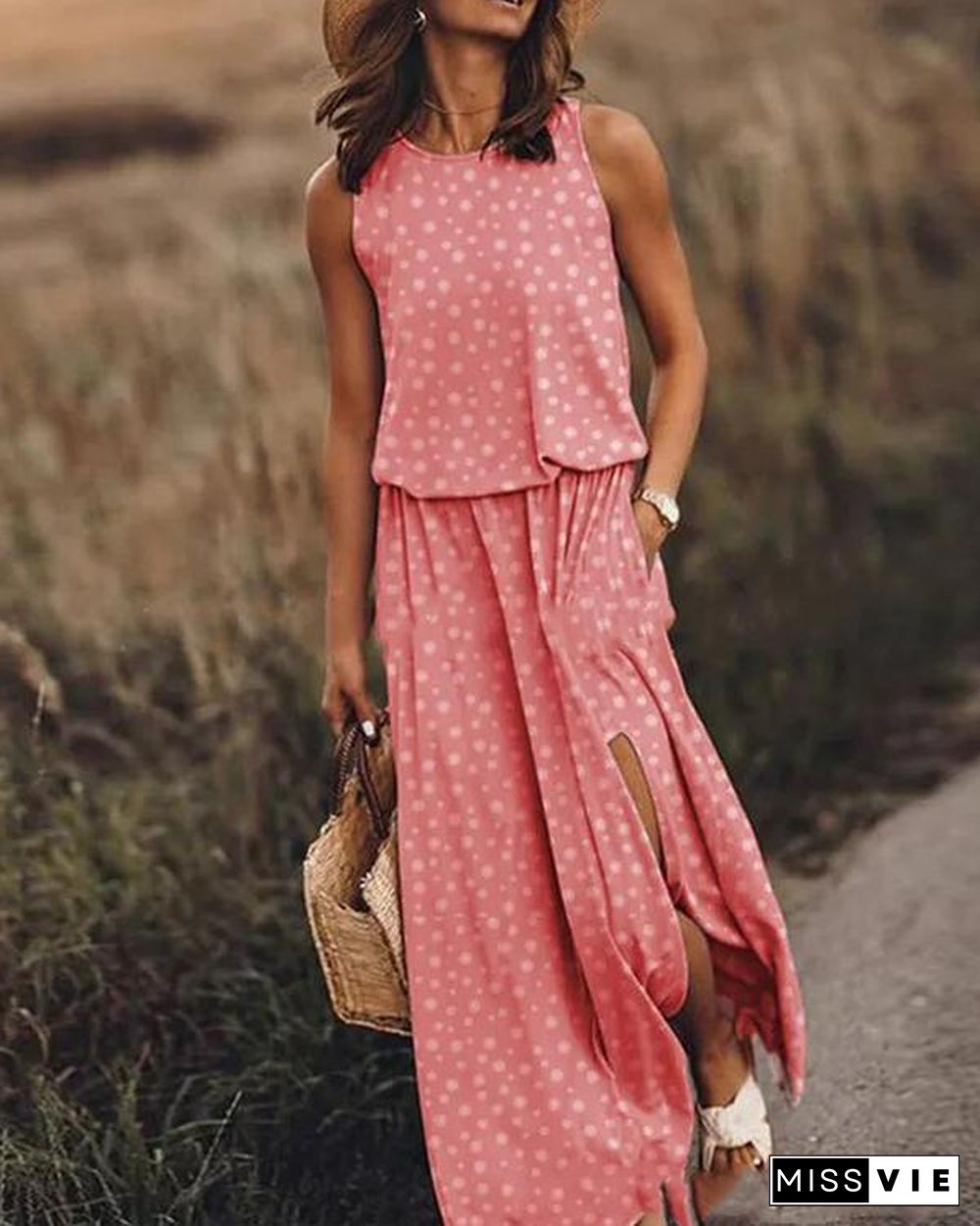 Print Sleeveless Round Neck Holiday Daily Fashion Maxi Dresses