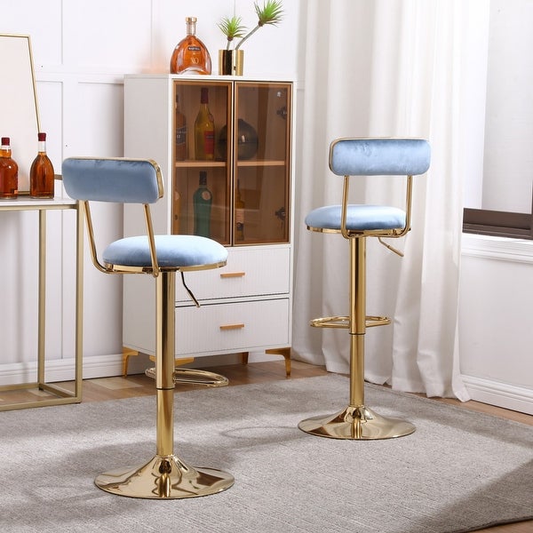 Velvet Bar Stools With Gold Metal Legs，Counter Height Dining Chairs with Back and Footrest，Set of 2