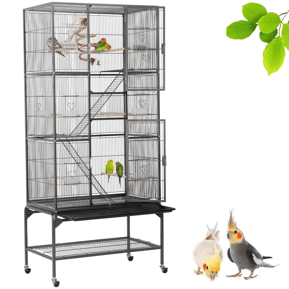 Topeakmart 69''H Extra Large Rolling Metal Parrot Cage Small Animal Cage with Detachable Stand and Ladders， Black