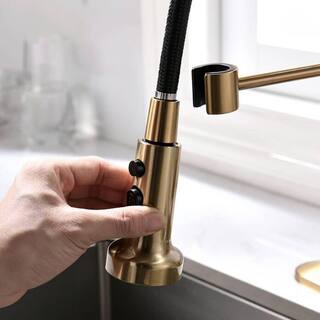 FLG Single-Handle Commercial Kitchen Sink Faucet With Pull Down Sprayer Kitchen Faucets Solid Brass Modern Taps Brushed Gold CC-0021-BG