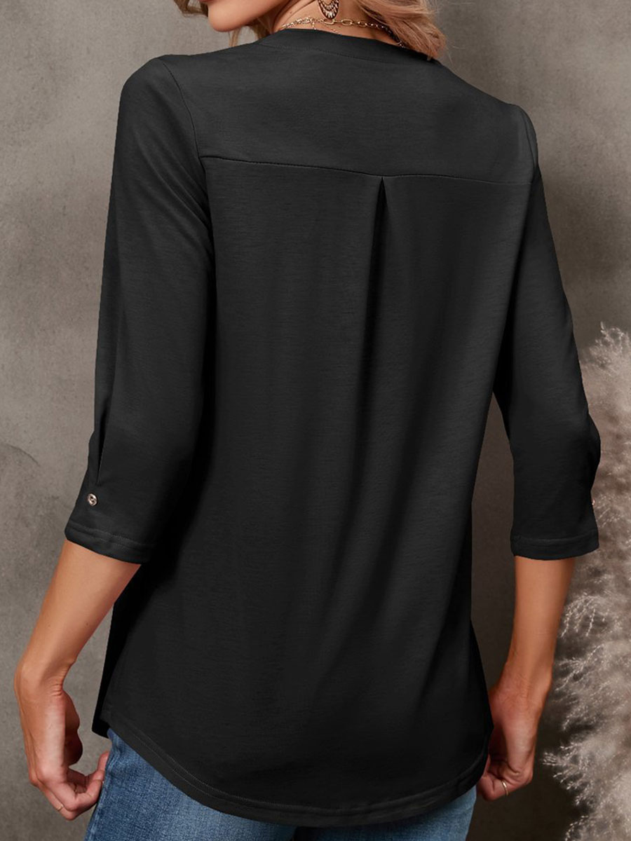 V-neck Casual Loose Solid Color Long-sleeved Blouse