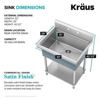 KRAUS Kore 32 in. W 18-Gauge Workstation Stainless Steel Single Bowl Commercial Utility Laundry Sink for Wall Mount Faucet KWS100-32