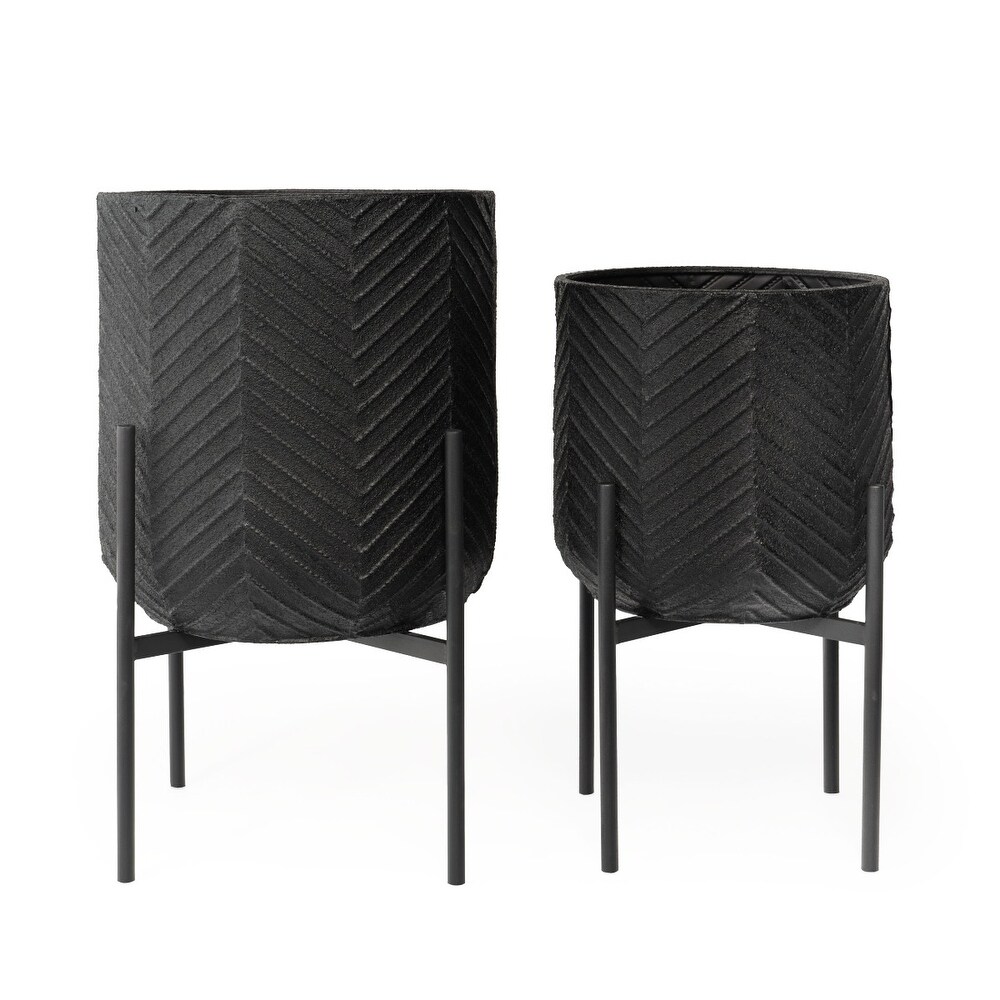 Ginkgo Metal Floor Planters Set of 2 in all Black   16 x 16 x 25 and 13 x 13 x 22