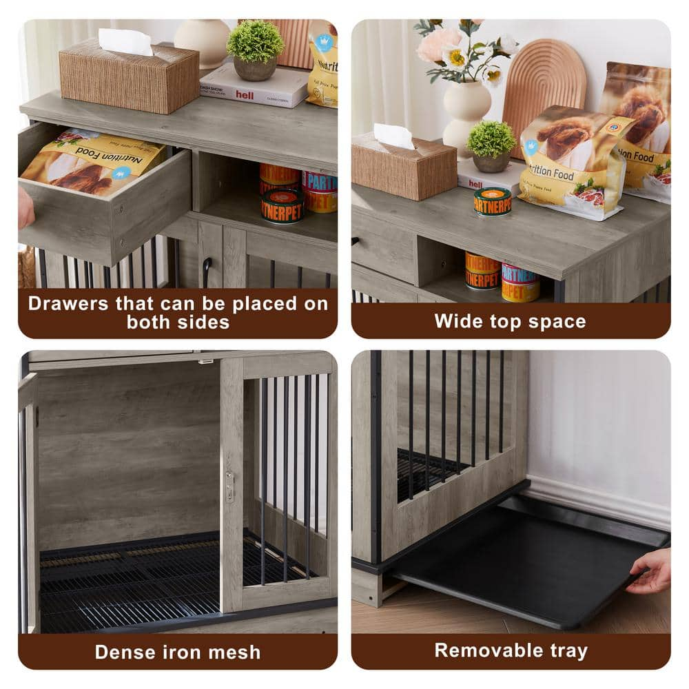 Gray Dog Crates Indoor Pet Crate End Tables Decorative Wooden Kennels with Removable Trays DOGCREATSGRAY