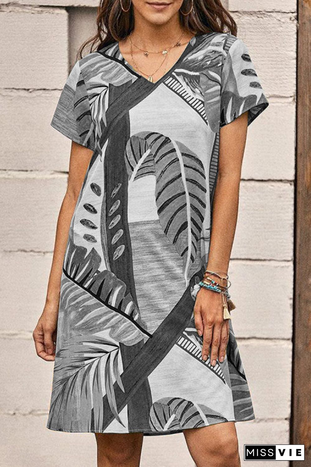 Fashion Casual Print Split Joint V Neck A Line Dresses