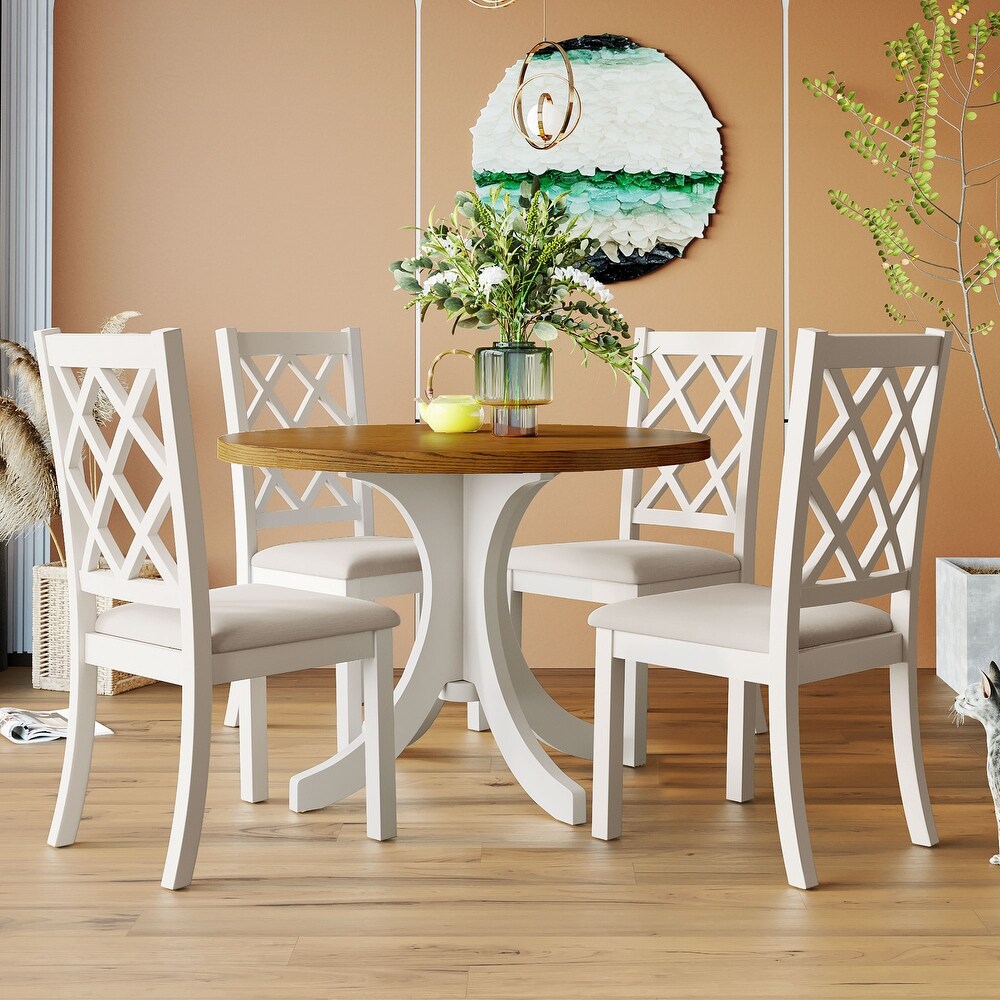 5 Pcs Round Dining Table Sets  Solid Wood Kitchen Table Set  4 Upholstered Cross Back Chairs  for Dining Room  Small Spaces Etc