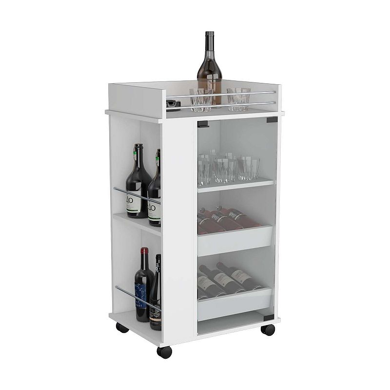 DEPOT E-SHOP Lansing Bar Cart with Glass Door， 2-Side Shelves and Casters， White