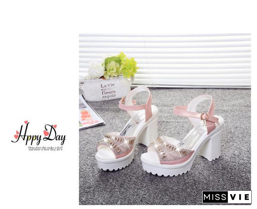 Women Square High Heel Sandals Diamond Fish Mouth Thick Bottom Sandal Shoes