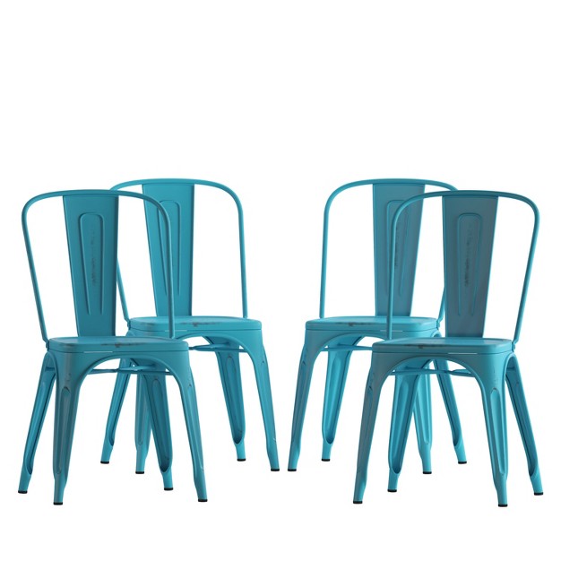 Flash Furniture Commercial Grade 4 Pack Distressed Metal Indoor outdoor Stackable Chair