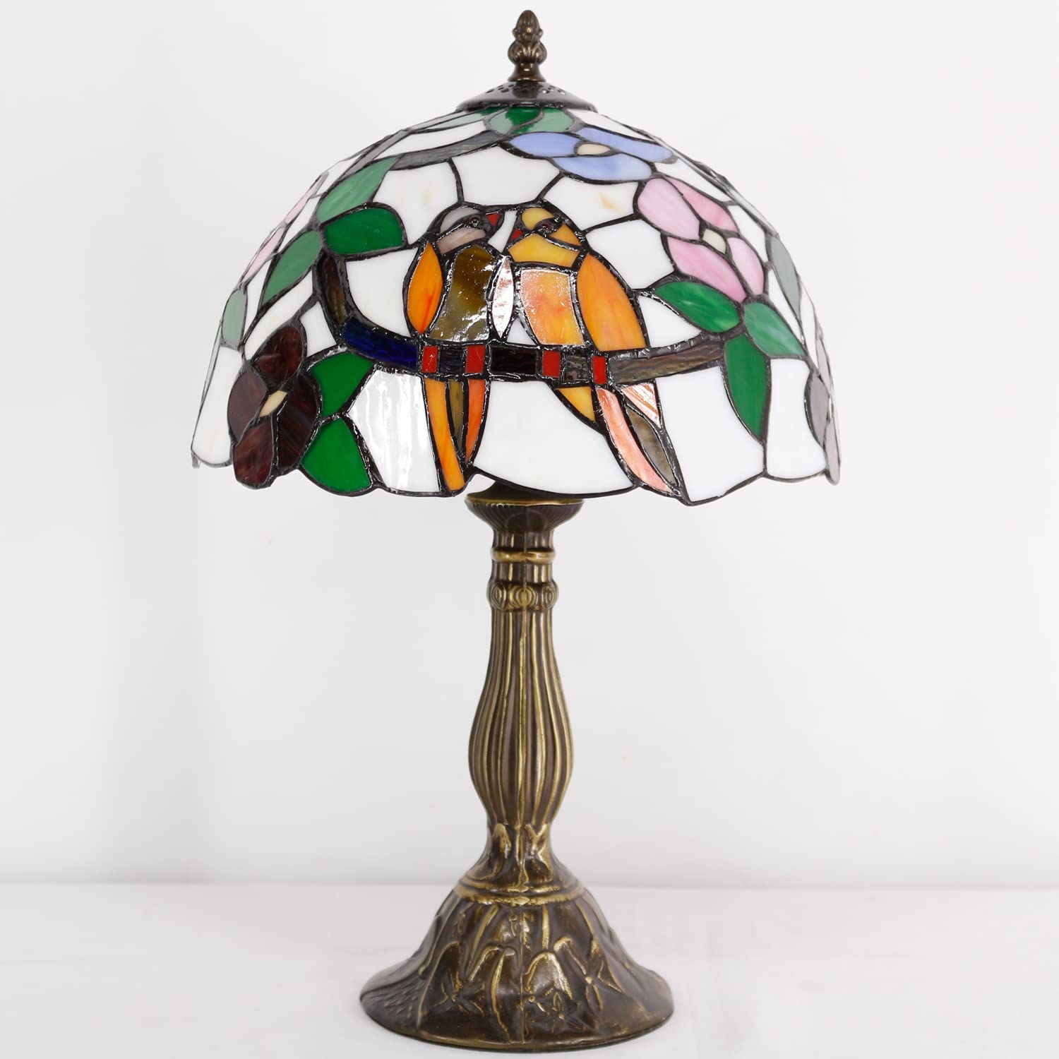 SHADY Tiffany Table Lamp Stained Glass Bedside Lamp Double Tropical Birds Desk Reading Light 12X12X18 Inches Decor Bedroom Living Room Home Office S803 Series