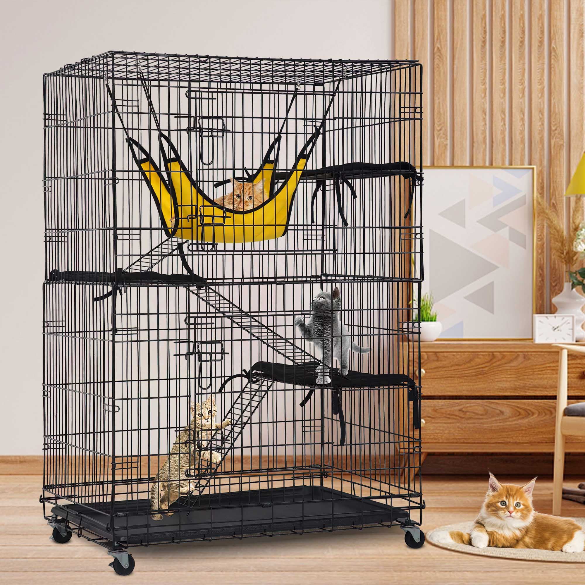 YRLLENSDAN 4-Tier Large Cat Cage， Ferret Chinchilla Cage Playpen Crate Enclosure Kennel Cat Home on Wheels Cat Cages and Playpens Indoor Outdoor 3X Ramp Ladders/1x Hammock