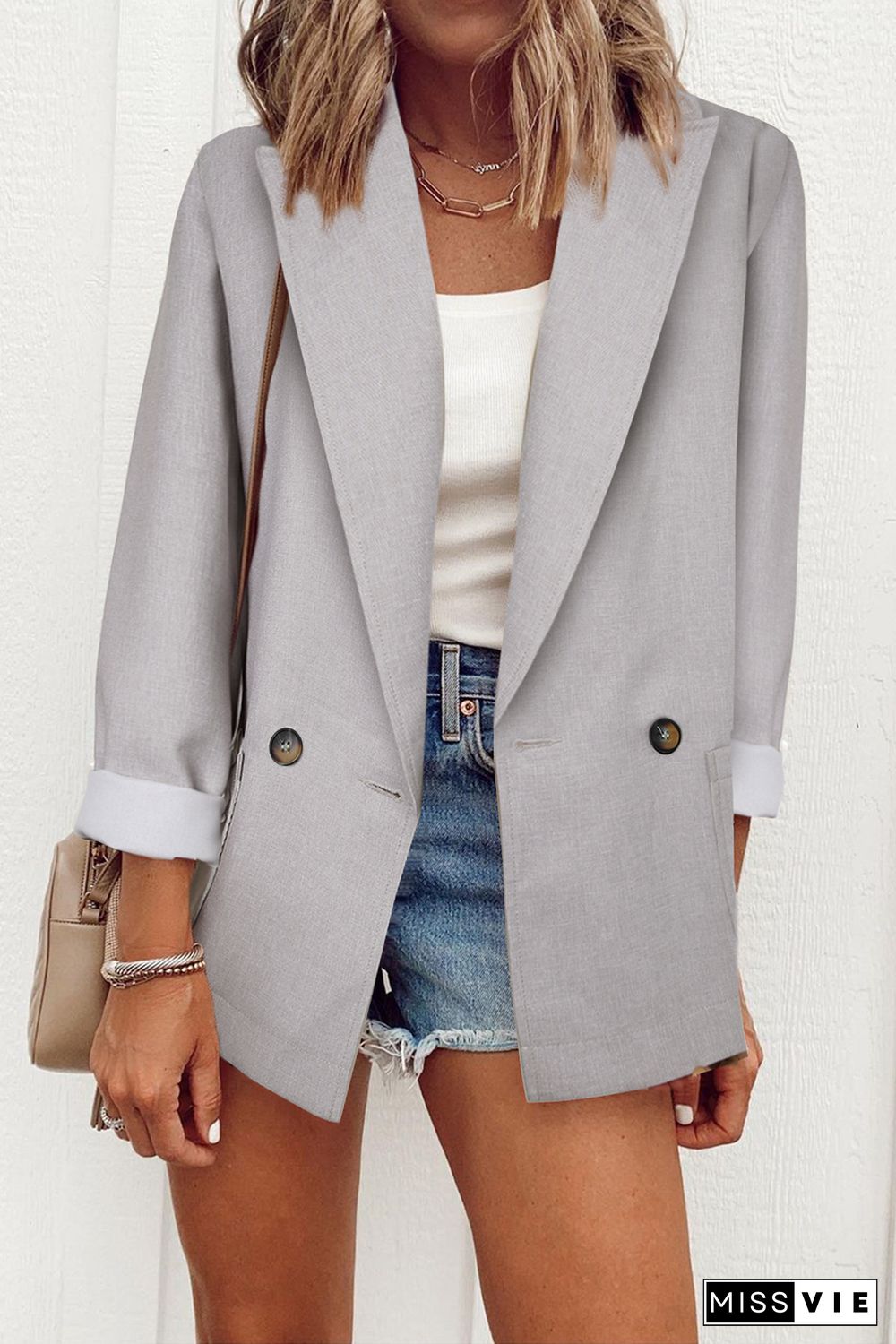 Gray Buttoned Lapel Collar Blazer with Pocket