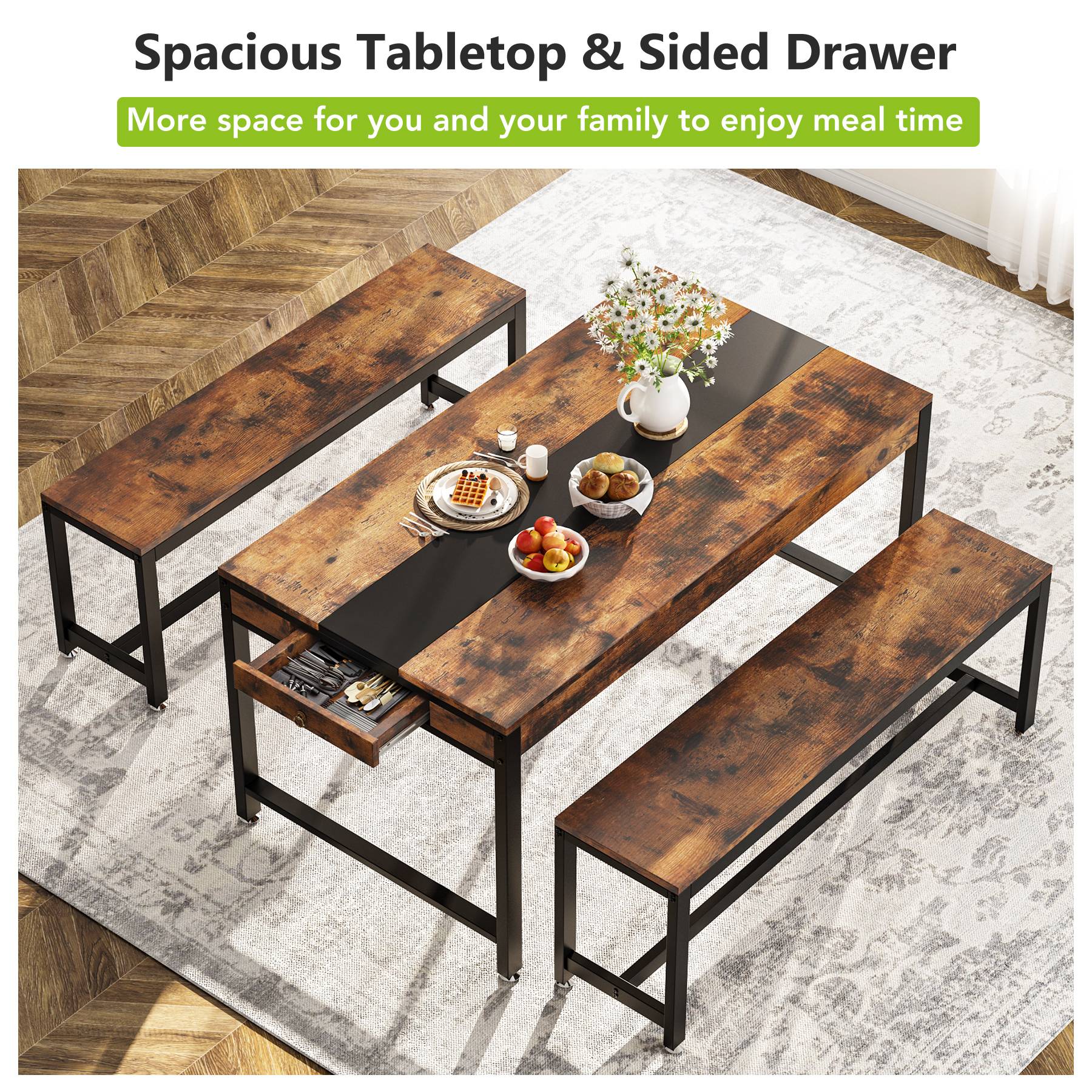 Dining Table Set, Kitchen Breakfast Table with 2 Benches & Sided Drawer