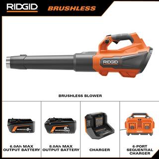 RIDGID 18V Brushless Cordless Blower Kit with 6.0 Ah MAX Output Battery Charger 6-Port Charger and 8.0 Ah MAX Output Battery R01601KVNM-AC86096-AC840080