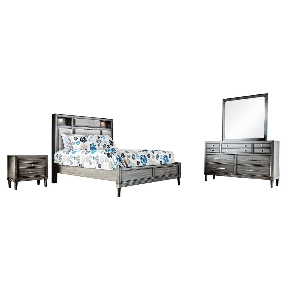 Laum Transitional Grey Wood Upholstered 4 Piece Panel Bedroom Set with Light by Furniture of America