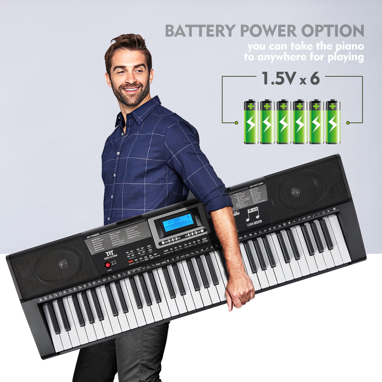 Mustar 61 Lighted Keys Electronic Keyboard Piano Set with USB MIDI， Headphones， Microphone， Sustain Pedal， Stand for Beginner