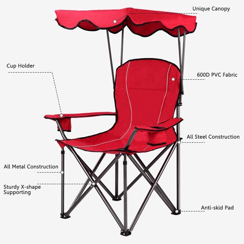 Outdoor Canopy Chair, Portable Folding Beach Chair with 2 Cup Holders, 600D PVC Fabric Camping Chair Lawn Chair