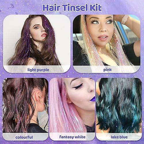 2000 Strands Heat Resistant Hair Tinsel Kit with Tools for Festival Party Dazzle（Gold+Blue+Purple+White+Pink）