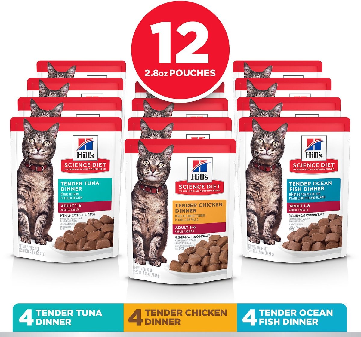 Hill's Science Diet Adult Tender Dinner Variety Pack Cat Food， 2.8-oz pouch， case of 12