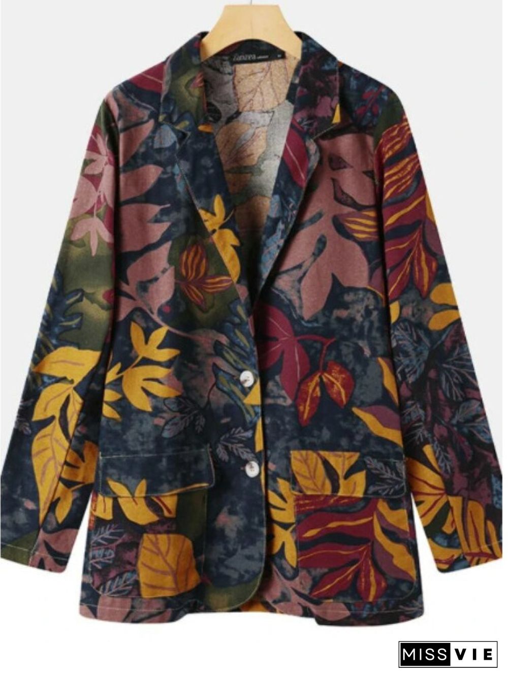 Spring And Summer Cotton And Linen Retro Leaf Print Pocket Long Sleeve Lapel Jacket Jacket Ladies Leisure Suit Cardigan Jacket