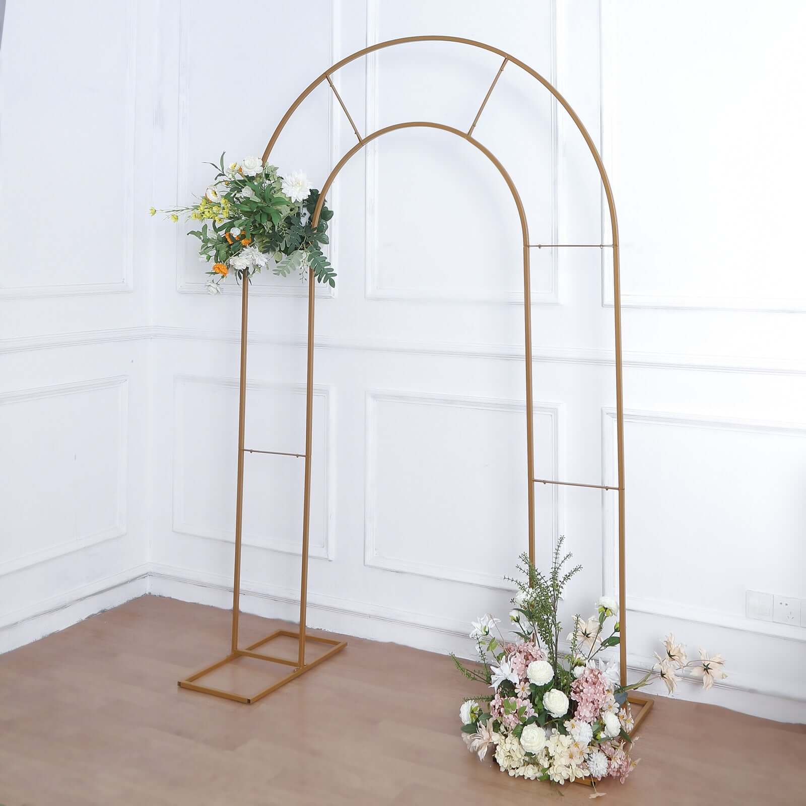 Gold Metal Round Top Double Arch Wedding Backdrop Stand, Flower Balloon Frame Ceremony Arbor 8ft Tall