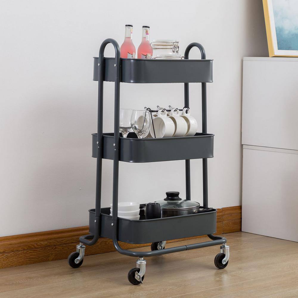 Huluwat 3-Tier Metal 4-Wheeled Storage Shelves Utility Cart in Gray RY-TC-USBO4506