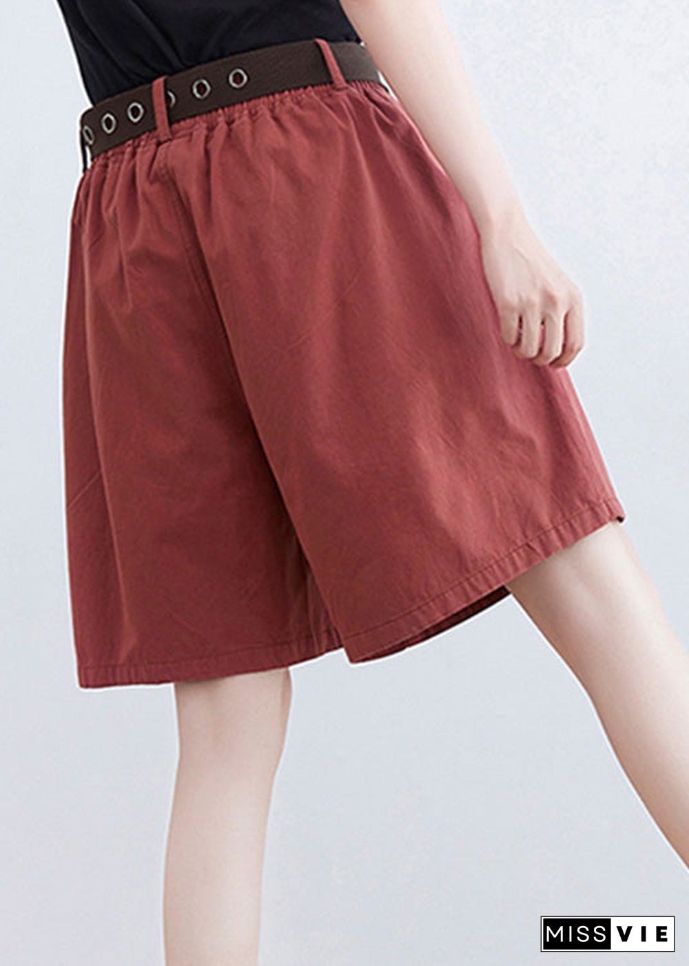 Red Pockets Elastic Waist Wide Leg Shorts