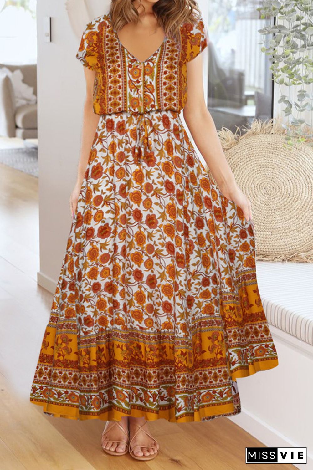 V Neck Buttoned Drawstring Bohemian Print Maxi Dress