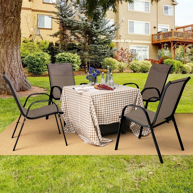 Tangkula 4pcs Patio Stacking Dining Chairs W Curved Armrests amp Breathable Seat Fabric Brown