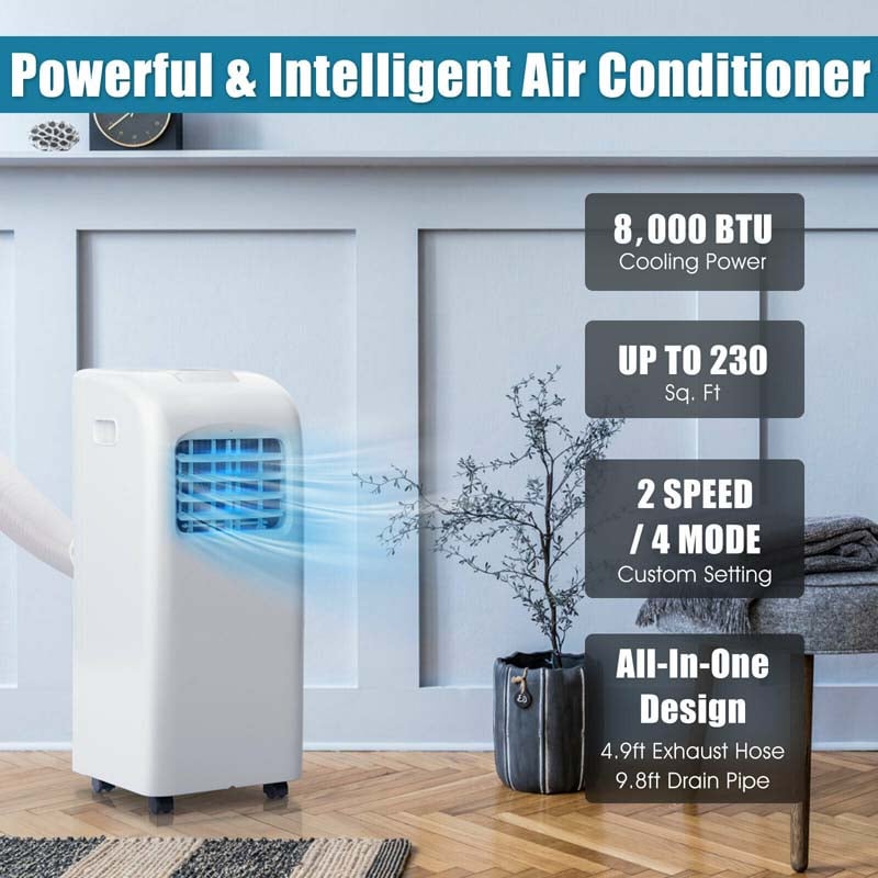 8000 BTU 3-in-1 Portable Air Conditioner with Air Cooling Fan, Dehumidifier Function, Sleep Mode, Remote Control