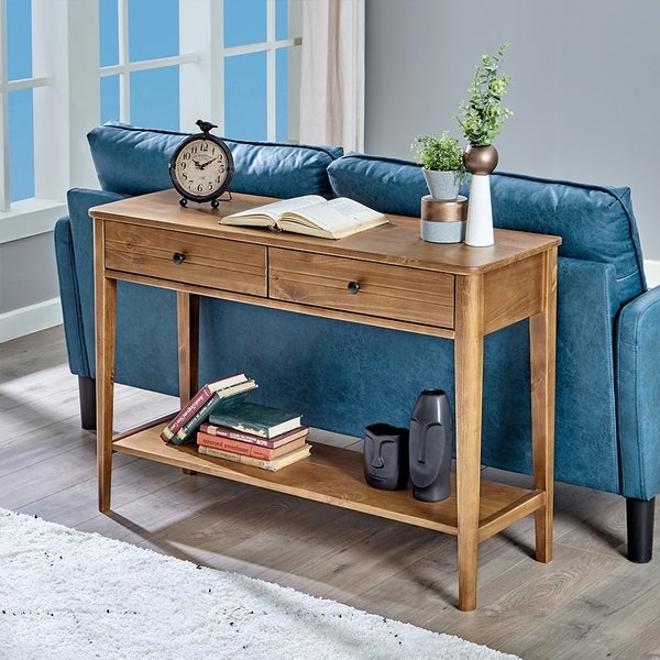 BIKAHOM Mid-Century Solid Wood 2-Tier Console Table with Drawers and Shelf/Console Sofa Table/Hallway/Entryway Table