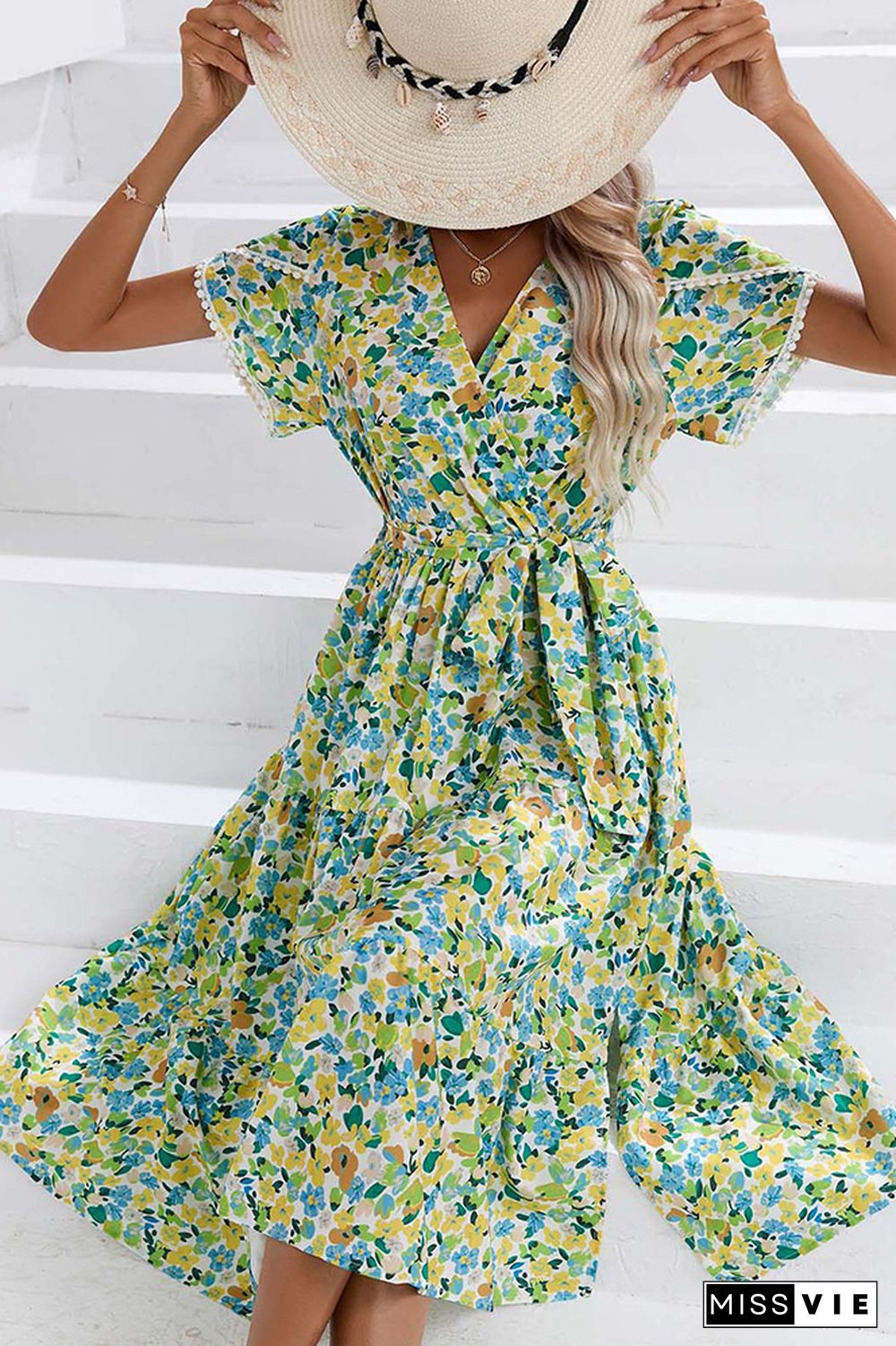 Wrap V Neck Tulip Sleeves Maxi Floral Dress