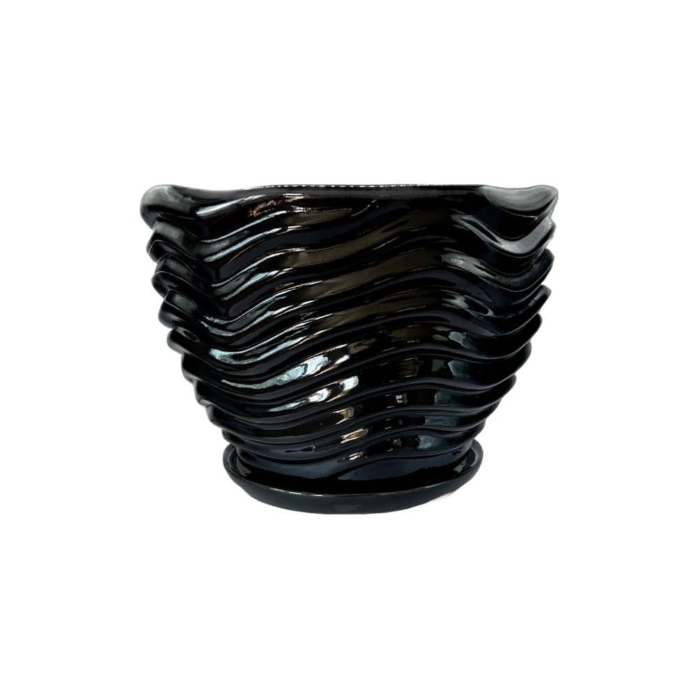 Botanical Bower 9 in. glazed Black clay indoor outdoor planter with plate Z781365