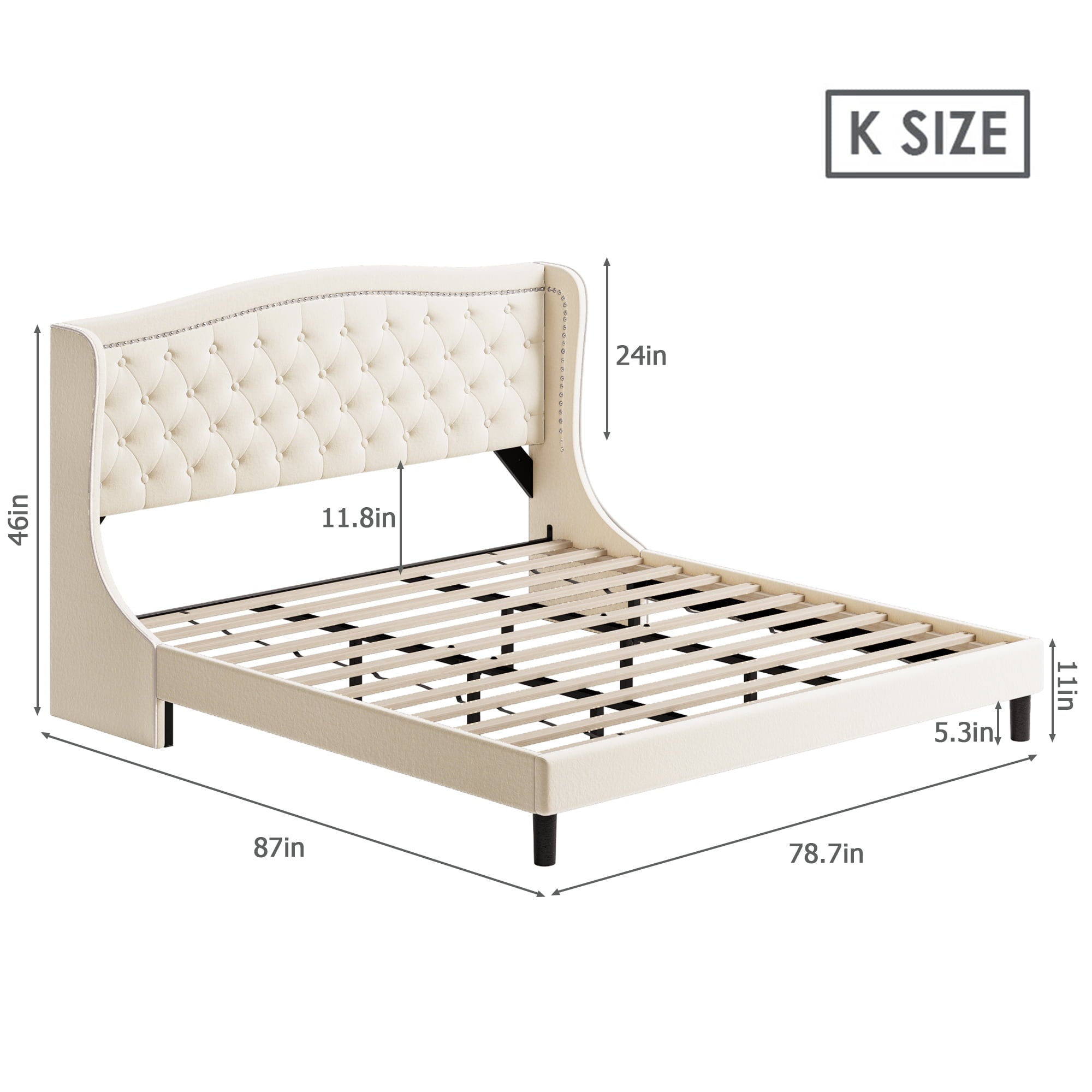 Homfa King Bed Frame, Modern Bed Frame with Wing-Back Button Tufted Upholstered Headboard, Wood Slat Support, Beige