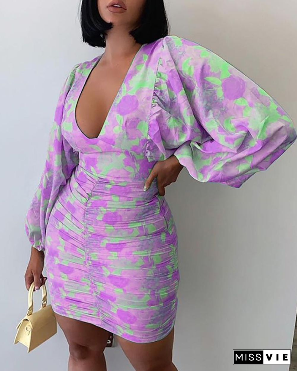 Floral Pattern Print Lantern Sleeve Ruched Bodycon Dress