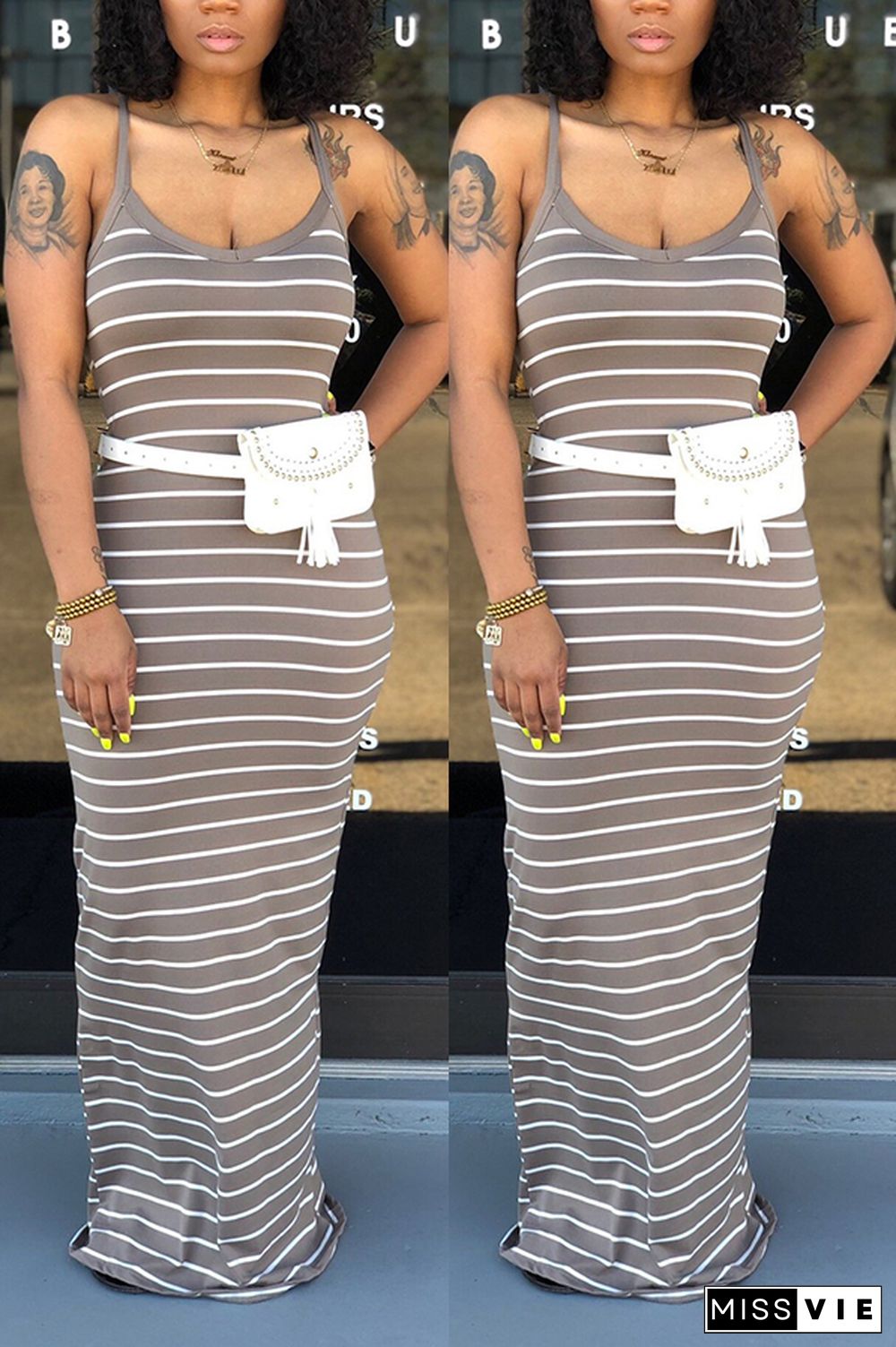 Grey Sexy Fashion Spaghetti Strap Sleeveless Slip Step Skirt Floor-Length Striped Casual Dress