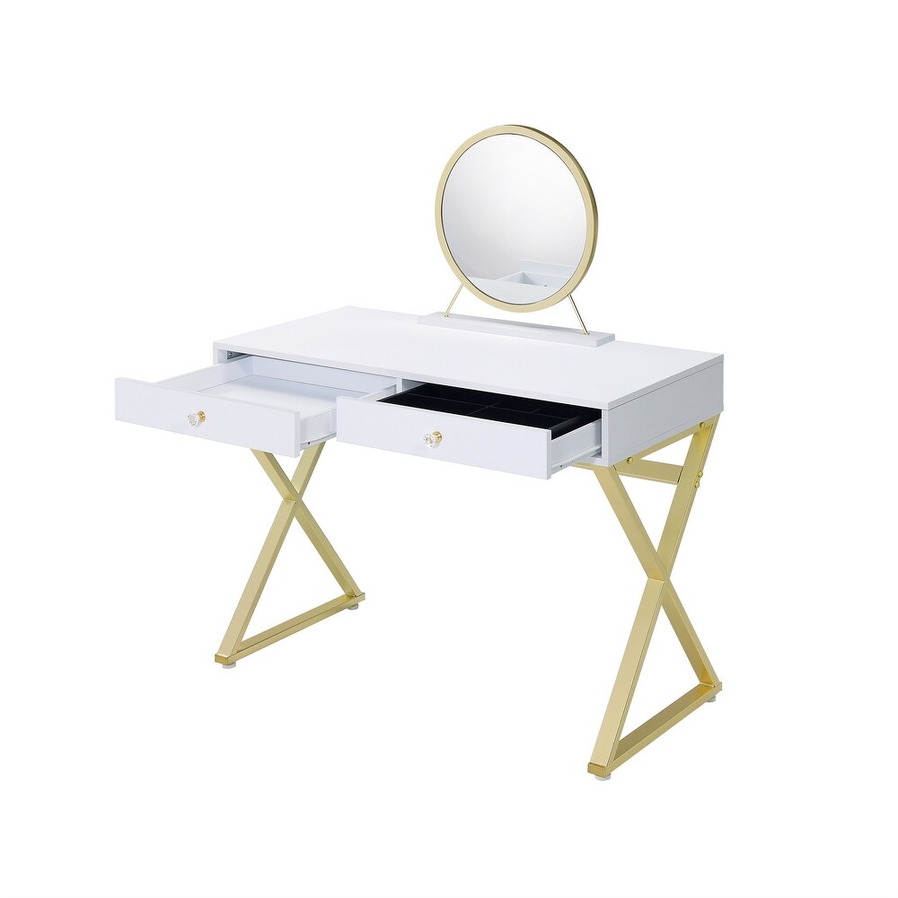 Gold Finish Vanity Desk with Mirror and Jewelry Tray