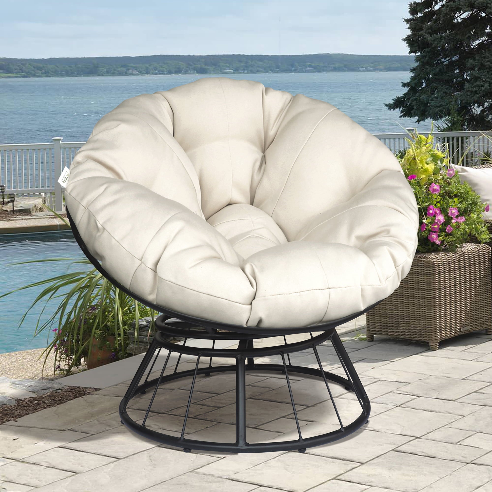 Arttoreal Outdoor 360-Degree Swivel Papasan Chair with Round Cushion and Steel Frame,for Garden and Backyard,Beige