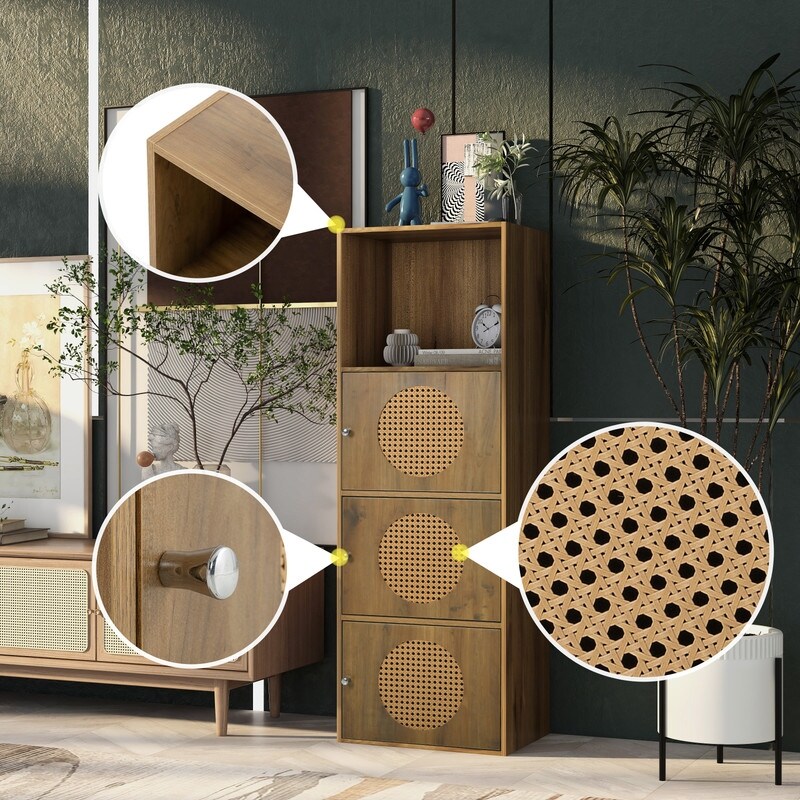 Grondin Boho Style Accent Floor Storage Cabinet with Rattan Doors  Bathroom Linen Cabinet with Open Storage for Home Office