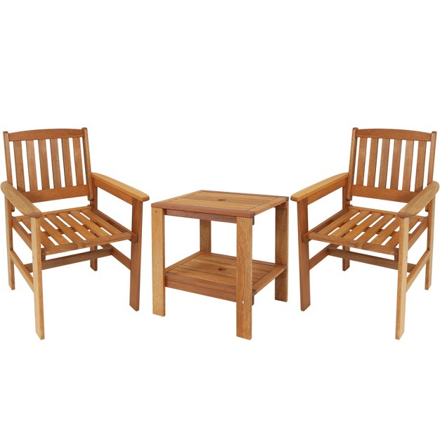 Sunnydaze Outdoor Meranti Wood With Teak Oil Finish Patio Table And Chairs Conversation Set Brown 3pc