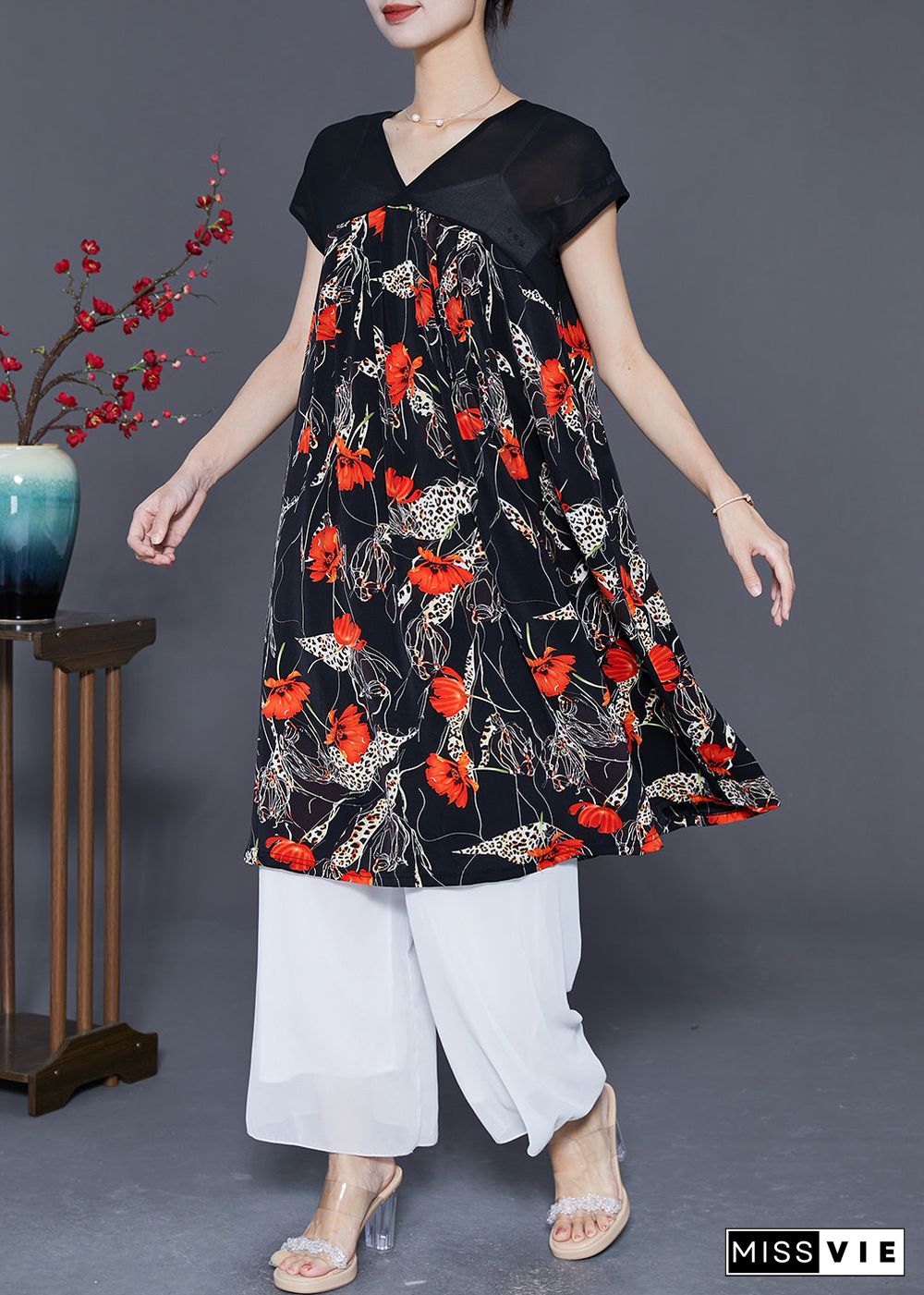 Women Red Floral Exra Large Hem Chiffon Maxi Dresses Summer