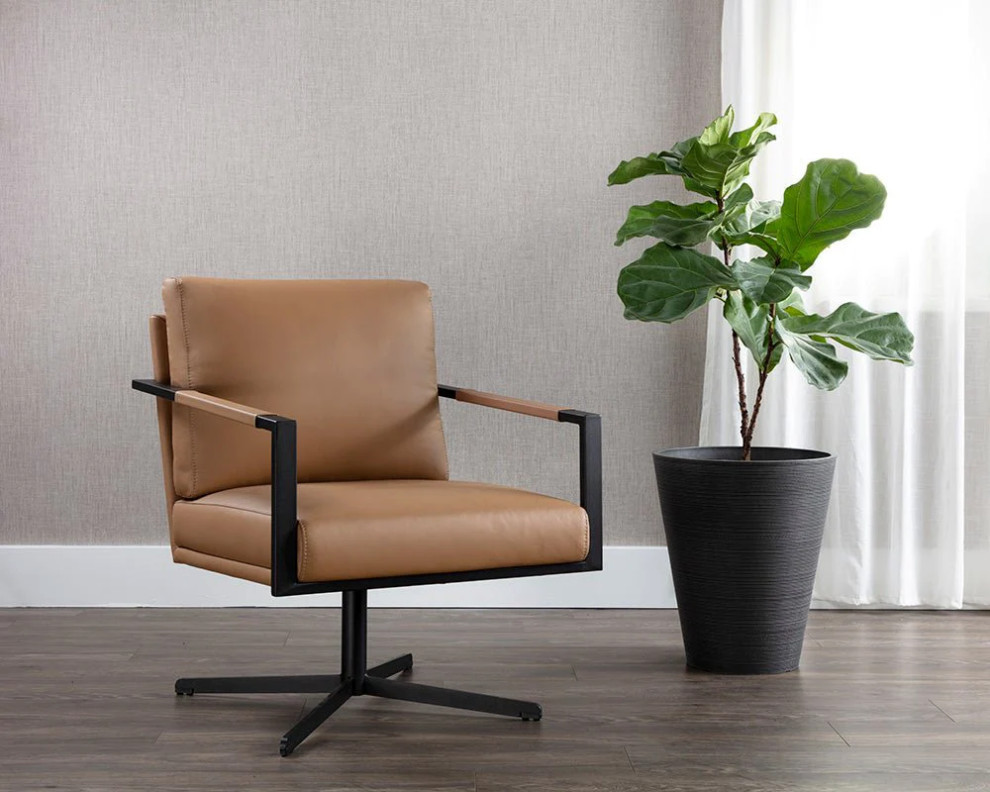 Carney Swivel Lounge Chair  Linea Wood Leather   Industrial   Armchairs And Accent Chairs   by Peachtree Fine Furniture  Houzz