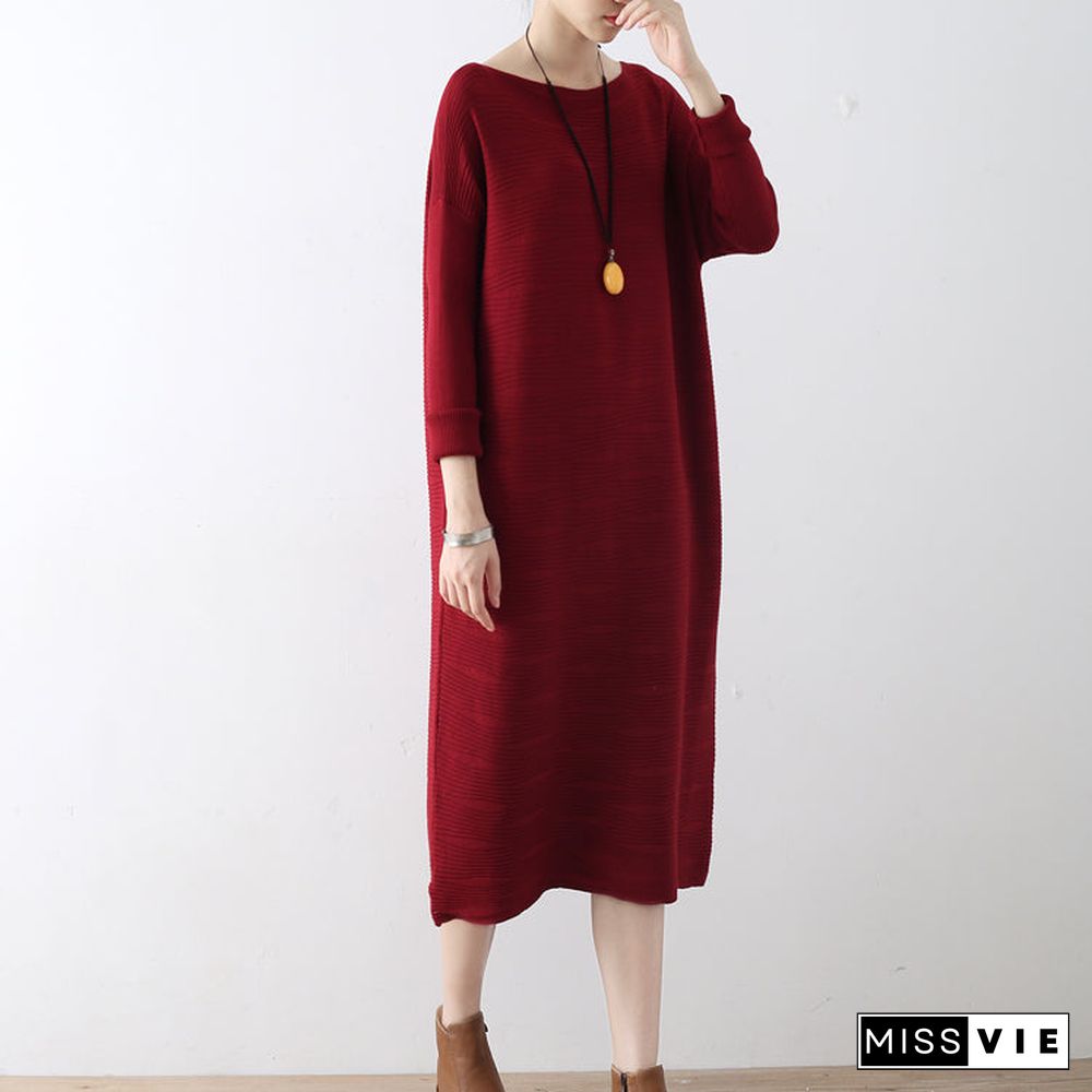 Burgundy wave knit sweater dresses casual long winter dresses cotton sweaters winter