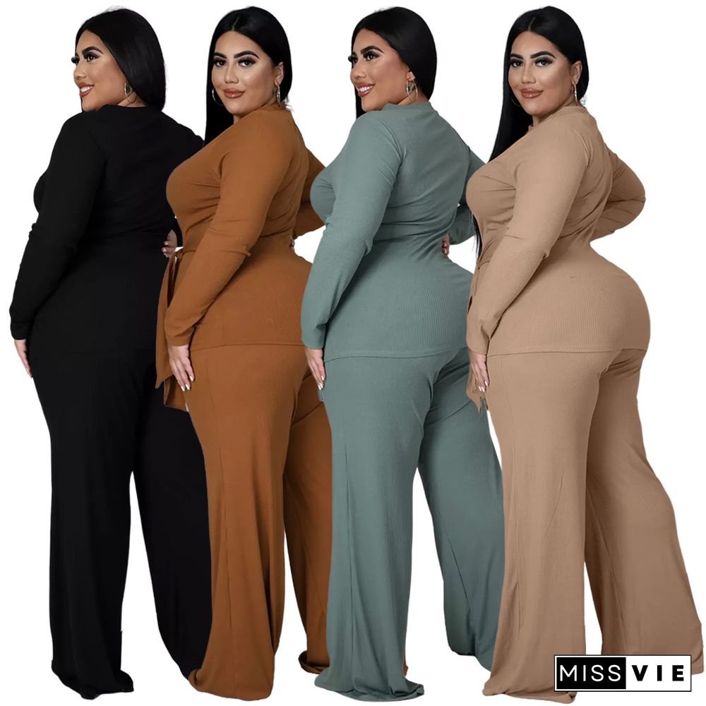 Knitted Bandage T Shirt Wide Leg Pants Plus Size Set