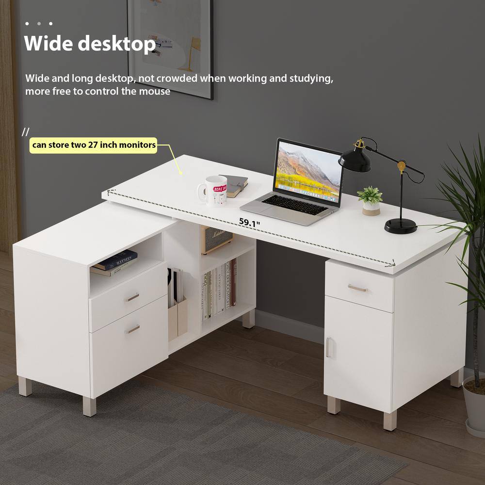 FUFUGAGA 59.1 in. Reversible L-Shaped White Wood Executive Desk Writing Table With Shelves Drawers and Door Cabinet Office Use KF210174-012-c