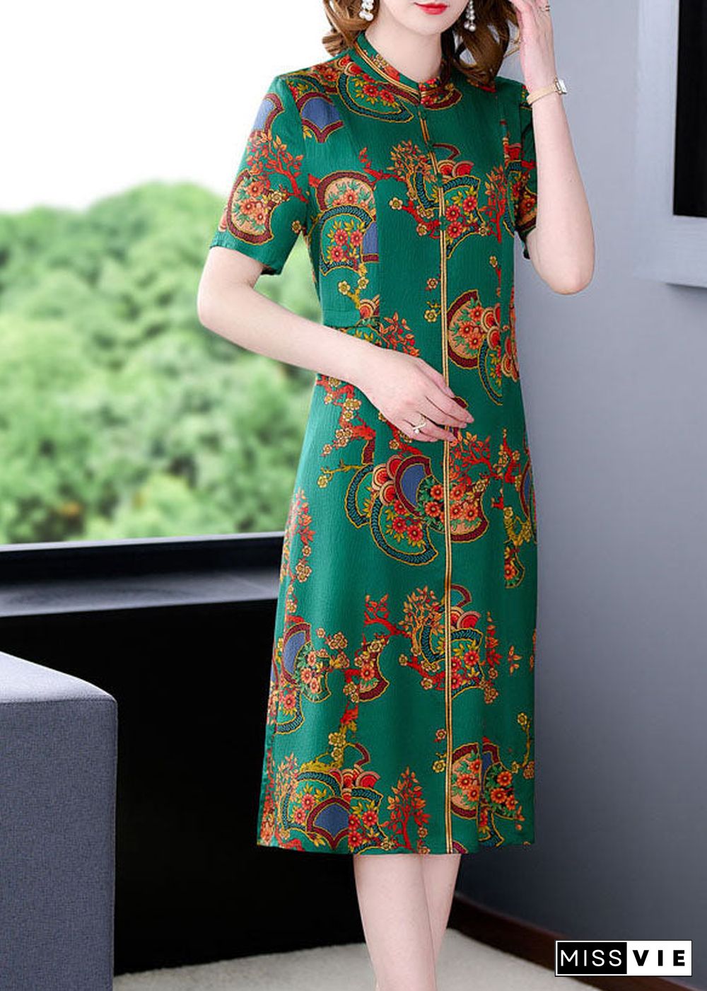 Fitted Green Stand Collar Print Silk Long Dresses Short Sleeve