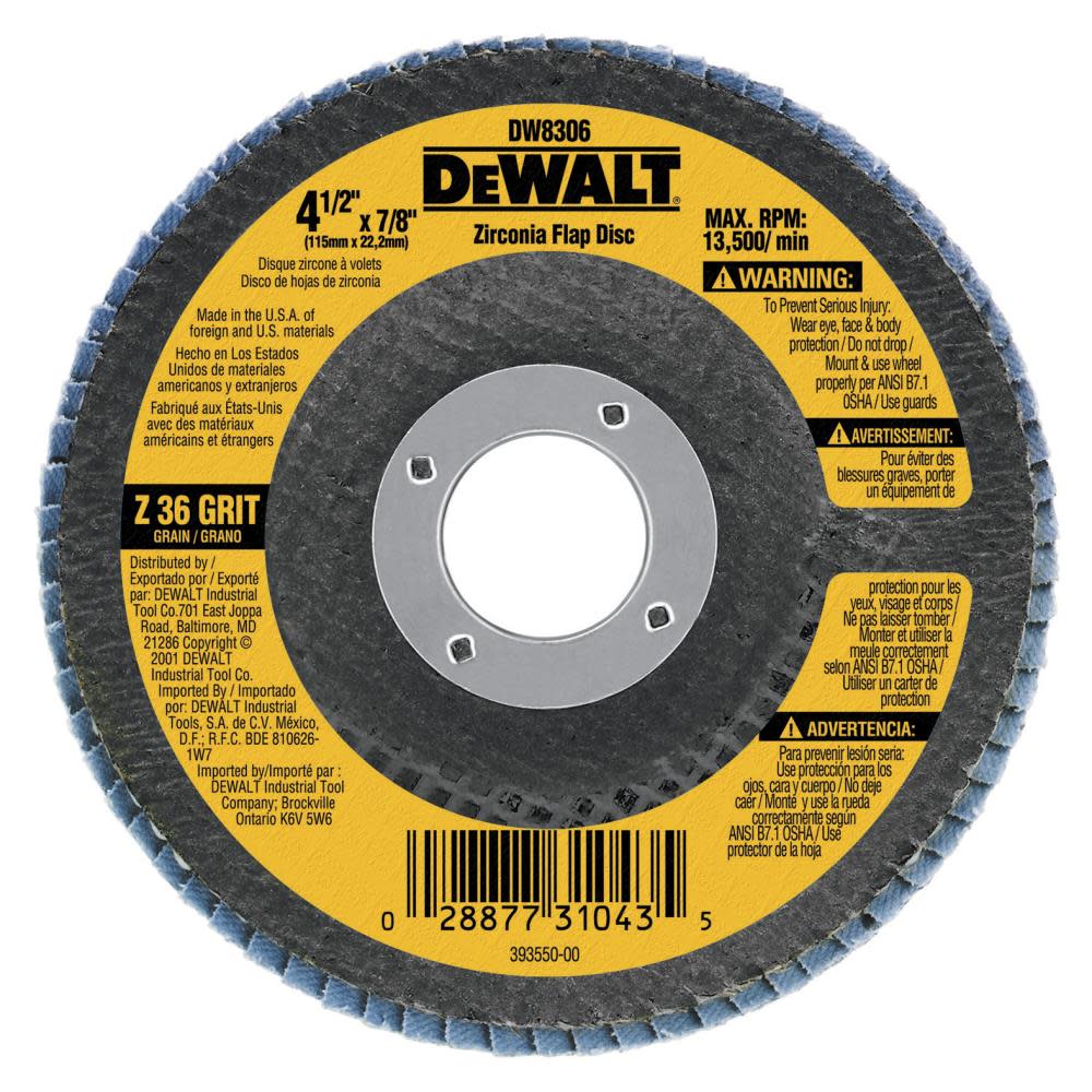 DEWALT 4-1/2-in x 7/8-in 36 Grit Zirconia Flap Disc DW8306 from DEWALT