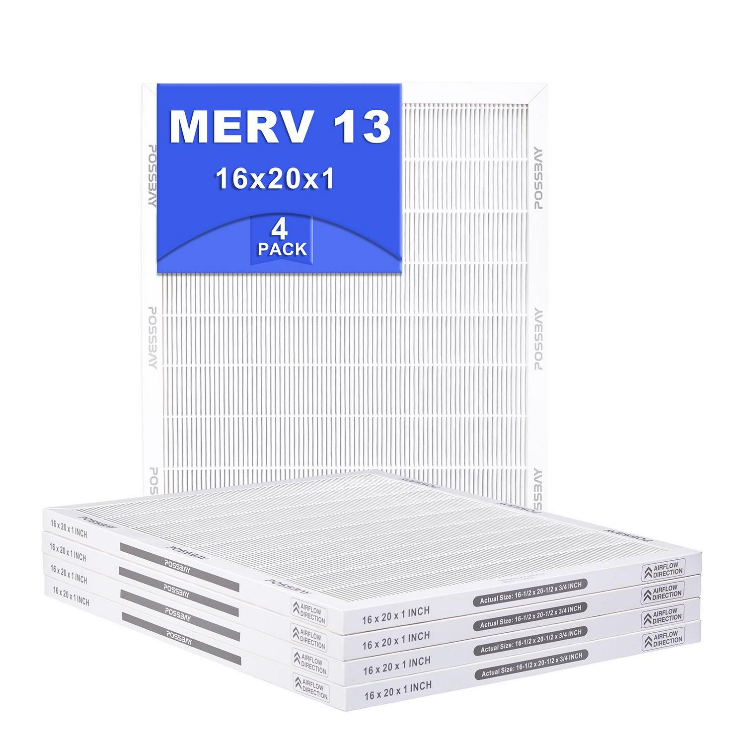 Possbay 16x20x1 MERV 13 Air Filter，4 Pack For AC Furnace Pleated Replacement HVAC System Reduce Dust