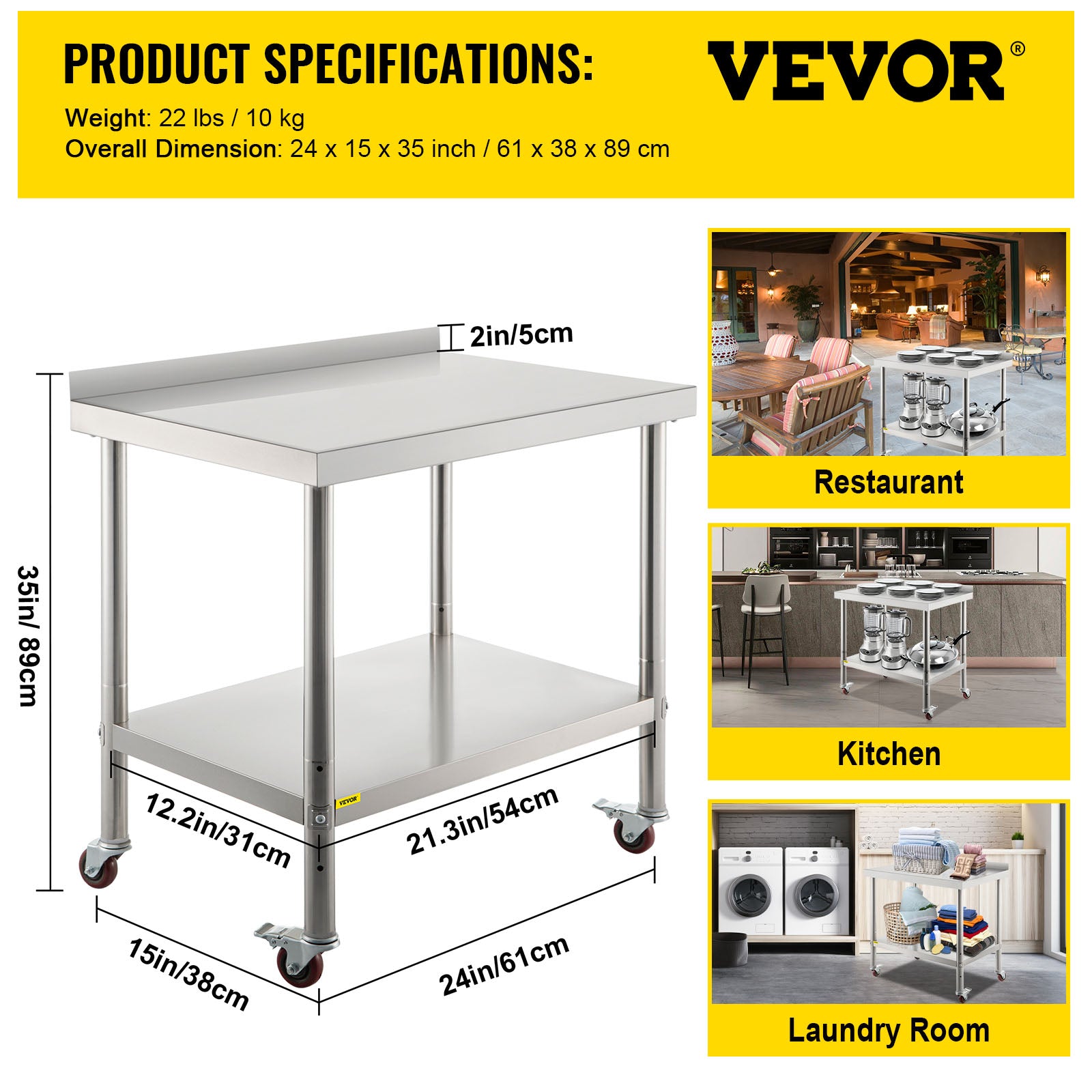 VEVORbrand Stainless Steel Prep Table， 24 x 15 x 35 inch， 440lbs Load Capacity Heavy Duty Metal Worktable with Backsplash Adjustable Undershelf and 4 Casters，  for Kitchen Restaurant